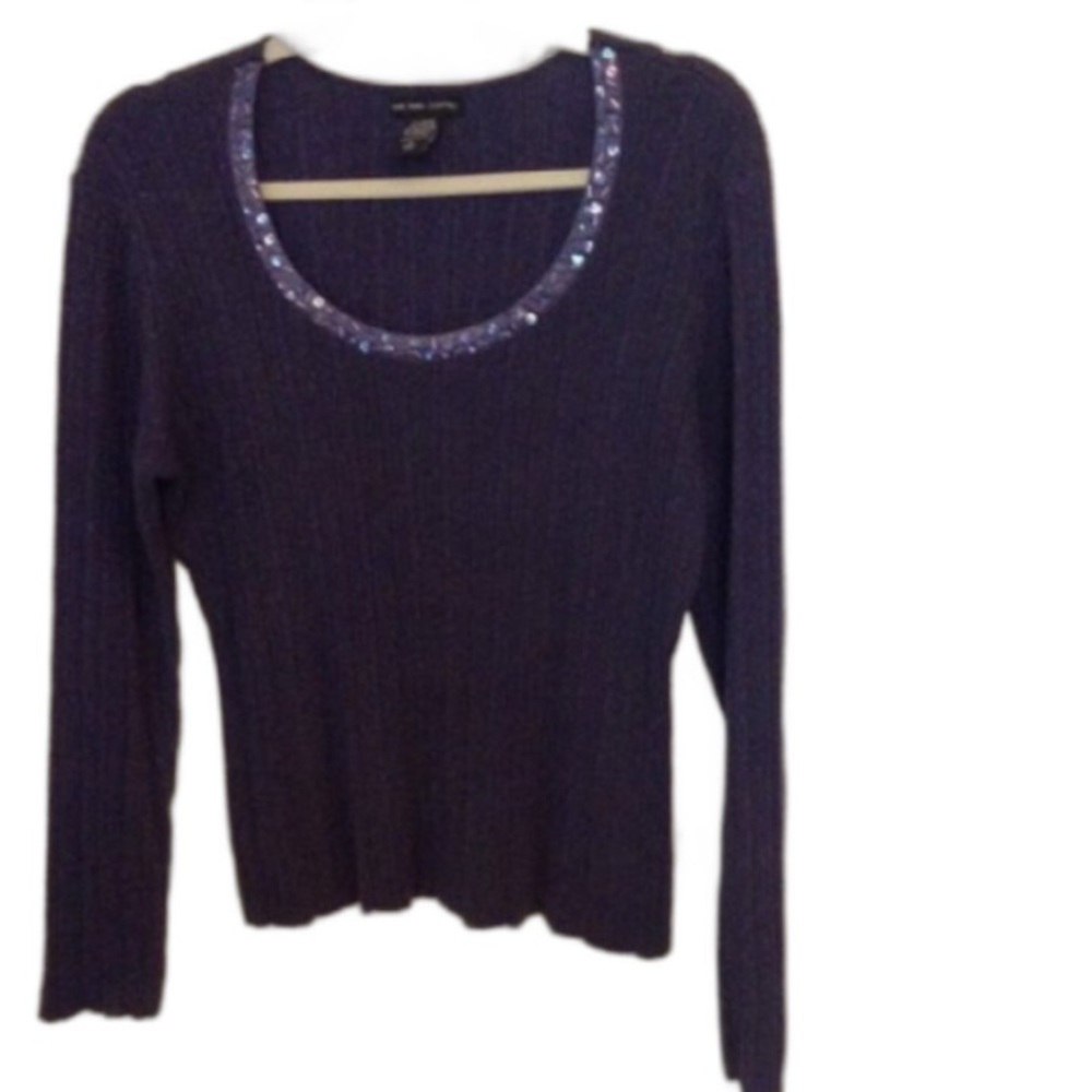 New York & Company Purple Metallic Thread Scoop Neck Sequin Detail Sweater Sz L